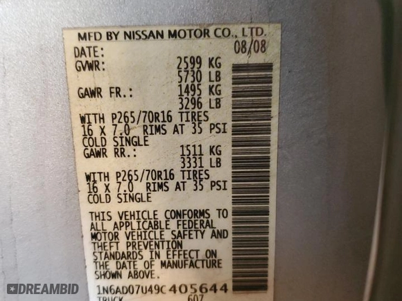 2009 Nissan Frontier SE with VIN 1N6AD07U49C405644, listed as a Copart auction lot 44342525 with 212,826 mi miles and Salvage Title. Bid and sale history available at carsss.com. Image 14.