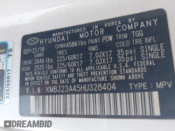 2017 Hyundai Tucson SE with VIN KM8J23A45HU328404, listed as a IAAI auction lot 41695180 with 120,458 mi miles. Bid and sale history available at carsss.com. Image 9.