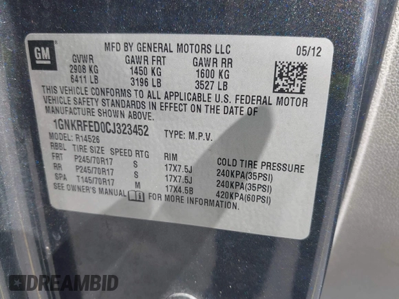2012 Chevrolet Traverse LS with VIN 1GNKRFED0CJ323452, listed as a IAAI auction lot 39494216 with 188,897 mi miles and . Bid and sale history available at DreamBid. Image 9.