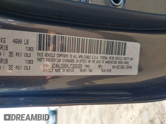 2018 Jeep Compass Altitude with VIN 3C4NJDBBXJT326322, listed as a IAAI auction lot 41757452 with 66,026 mi miles and . Bid and sale history available at carsss.com. Image 9.