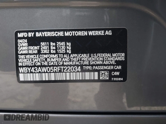 2024 BMW i4 eDrive35 z VIN WBY43AW05RFT22034, wystawiony jako IAAI lot #41545162 z przebiegiem 1499 mil mil oraz . Historia ofert i sprzedaży dostępna na DreamBid. Obrazek 9.