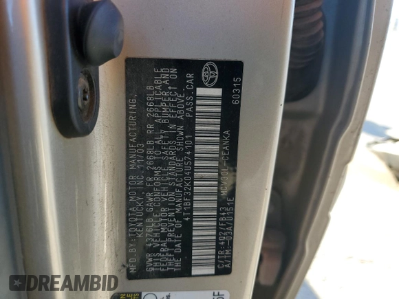 2004 Toyota Camry LE with VIN 4T1BF32K04U574101, listed as a Copart auction lot 47653965 with 0 mi miles and Salvage Title. Bid and sale history available at carsss.com. Image 14.