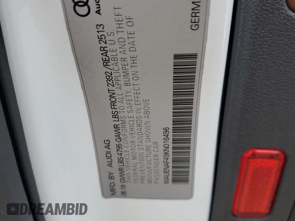 2019 Audi A4 Premium Plus z VIN WAUENAF49KN016496, wystawiony jako Copart lot #53193915 z przebiegiem 57 013 mil mil oraz Szkoda całkowita • Salvage title. Historia ofert i sprzedaży dostępna na DreamBid. Obrazek 14.