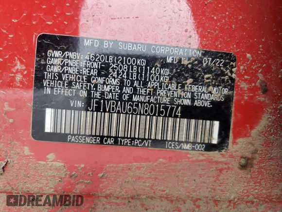 2022 Subaru WRX GT with VIN JF1VBAU65N8015774, listed as a Copart auction lot 78547064 with Not provided miles and Salvage title. Bid and sale history available at DreamBid. Image 13.
