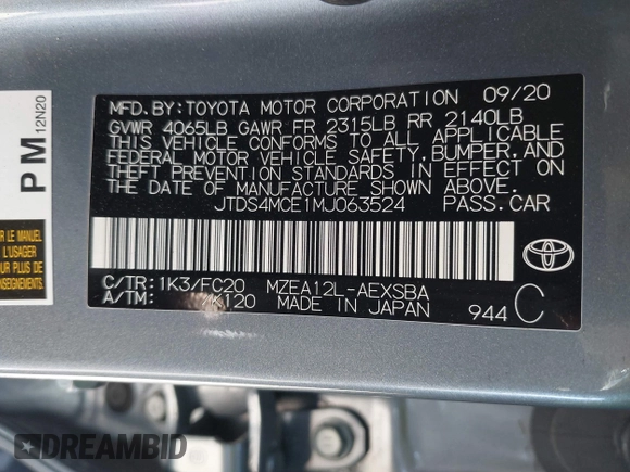 2021 Toyota Corolla SE with VIN JTDS4MCE1MJ063524, listed as a IAAI auction lot 41822622 with 50,882 mi miles. Bid and sale history available at carsss.com. Image 9.