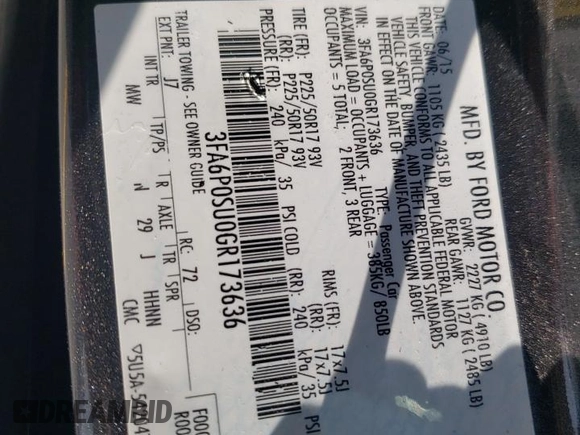2016 Ford Fusion Titanium with VIN 3FA6P0SU0GR173636, listed as a Copart auction lot 59588095 with 119,998 mi miles and Salvage title. Bid and sale history available at DreamBid. Image 12.