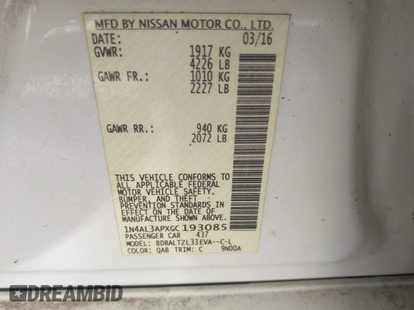 2016 Nissan Altima SV with VIN 1N4AL3APXGC193085, listed as a IAAI auction lot 41507049 with 105,058 mi miles and . Bid and sale history available at DreamBid. Image 9.
