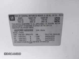 2016 Chevrolet Silverado 1500 LT with VIN 3GCPCREC1GG323802, listed as a IAAI auction lot 42008208 with 85,609 mi miles and . Bid and sale history available at DreamBid. Image 9.