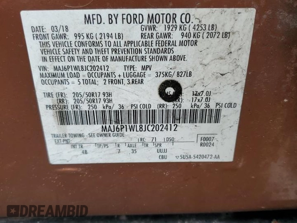 2018 Ford EcoSport Titanium z VIN MAJ6P1WL8JC202412, wystawiony jako Copart lot #55558265 z przebiegiem 122 137 mil mil oraz Szkoda całkowita • Salvage title. Historia ofert i sprzedaży dostępna na DreamBid. Obrazek 13.
