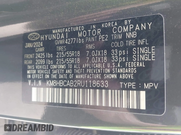2024 Hyundai Kona SEL with VIN KM8HBCAB2RU118633, listed as a IAAI auction lot 42168891 with 37,432 mi miles and . Bid and sale history available at carsss.com. Image 9.