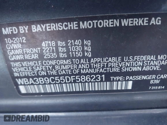 2013 BMW 3 Series 335i xDrive z VIN WBA3B9C55DF586231, wystawiony jako IAAI lot #41302520 z przebiegiem 123 173 mil mil oraz . Historia ofert i sprzedaży dostępna na DreamBid. Obrazek 9.