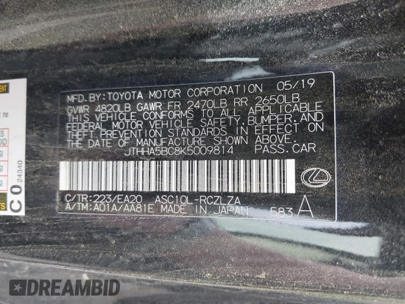 2019 Lexus RC 300 with VIN JTHHA5BC8K5009814, listed as a IAAI auction lot 41611462 with 16,258 mi miles and . Bid and sale history available at DreamBid. Image 9.