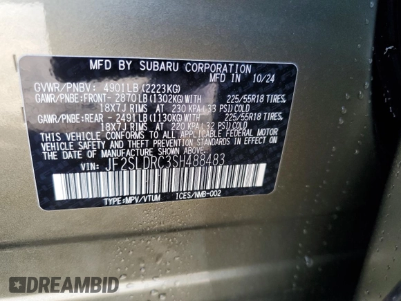 2025 Subaru Forester Limited z VIN JF2SLDRC3SH488483, wystawiony jako Copart lot #50199515 z przebiegiem 497 mil mil oraz Szkoda całkowita • Salvage title. Historia ofert i sprzedaży dostępna na DreamBid. Obrazek 14.