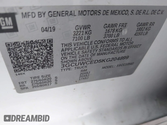 2019 Chevrolet Silverado 1500 LT with VIN 3GCUWCED5KG204899, listed as a IAAI auction lot 41435580 with 50,011 mi miles and . Bid and sale history available at DreamBid. Image 9.