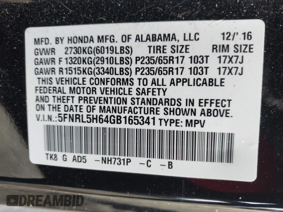 2016 Honda Odyssey EX-L with VIN 5FNRL5H64GB165341, listed as a IAAI auction lot 41728724 with 93,611 mi miles. Bid and sale history available at carsss.com. Image 9.