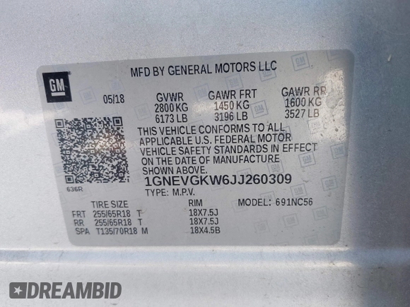 2018 Chevrolet Traverse LT Cloth with VIN 1GNEVGKW6JJ260309, listed as a IAAI auction lot 42063720 with 114,855 mi miles. Bid and sale history available at carsss.com. Image 9.