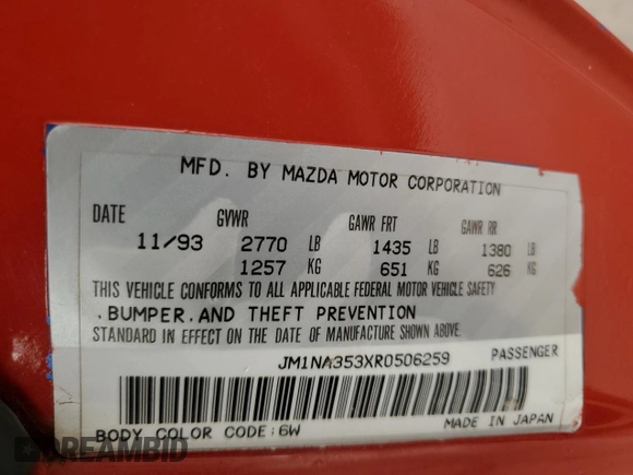 1994 Mazda MX-5 Miata with VIN JM1NA353XR0506259, listed as a Copart auction lot 47587295 with 209,443 mi miles and Salvage title. Bid and sale history available at DreamBid. Image 12.