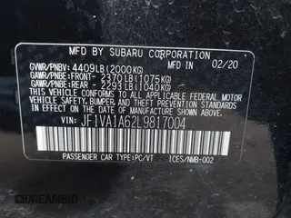 2020 Subaru WRX with VIN JF1VA1A62L9817004, listed as a IAAI auction lot 41076595 with 85,833 mi miles. Bid and sale history available at carsss.com. Image 9.