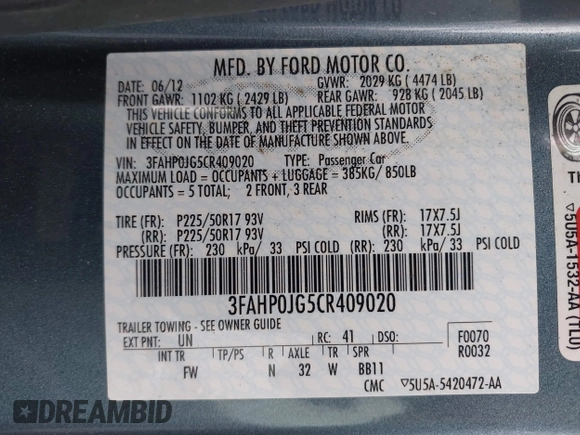 2012 Ford Fusion SEL with VIN 3FAHP0JG5CR409020, listed as a IAAI auction lot 42074553 with 90,962 mi miles. Bid and sale history available at carsss.com. Image 9.