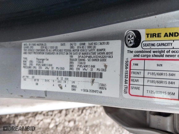 2013 Ford Fiesta SE with VIN 3FADP4BJXDM220183, listed as a IAAI auction lot 42026592 with 153,396 mi miles. Bid and sale history available at carsss.com. Image 9.