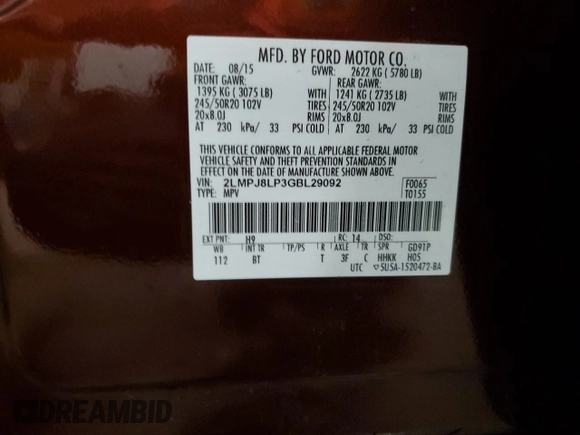 2016 Lincoln MKX Reserve z VIN 2LMPJ8LP3GBL29092, wystawiony jako Copart lot #84923904 z przebiegiem 94 213 mil mil oraz Szkoda całkowita • Salvage title. Historia ofert i sprzedaży dostępna na DreamBid. Obrazek 13.