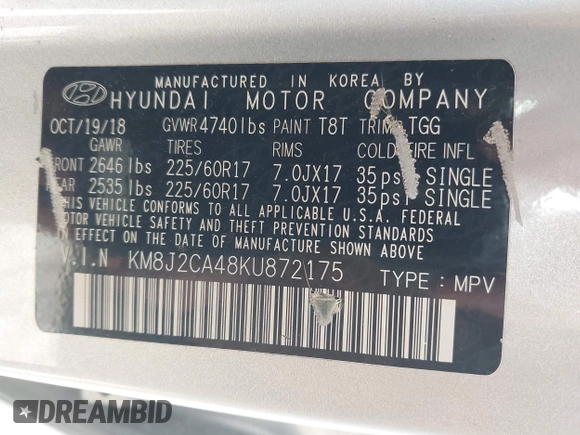 2019 Hyundai Tucson SE with VIN KM8J2CA48KU872175, listed as a IAAI auction lot 41956066 with 105,534 mi miles. Bid and sale history available at carsss.com. Image 9.