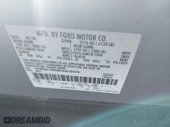 2019 Ford Explorer z VIN 1FM5K7B80KGA18578, wystawiony jako IAAI lot #42408067 z przebiegiem 124 938 mil mil oraz . Historia ofert i sprzedaży dostępna na DreamBid. Obrazek 9.