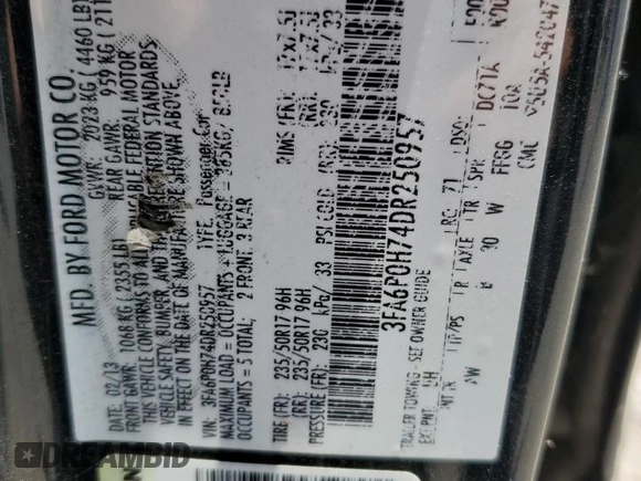 2013 Ford Fusion SE with VIN 3FA6P0H74DR250957, listed as a Copart auction lot 65163555 with 300,185 mi miles and Clean title. Bid and sale history available at DreamBid. Image 12.