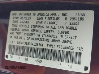 2009 Honda Accord EX-L with VIN 1HGCP36809A026761, listed as a IAAI auction lot 42163300 with 173,652 mi miles and . Bid and sale history available at DreamBid. Image 9.