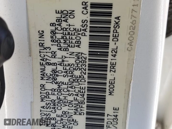 2013 Toyota Corolla L with VIN 5YFBU4EE1DP223927, listed as a Copart auction lot 56172355 with 208,419 mi miles and Salvage Title. Bid and sale history available at DreamBid. Image 12.