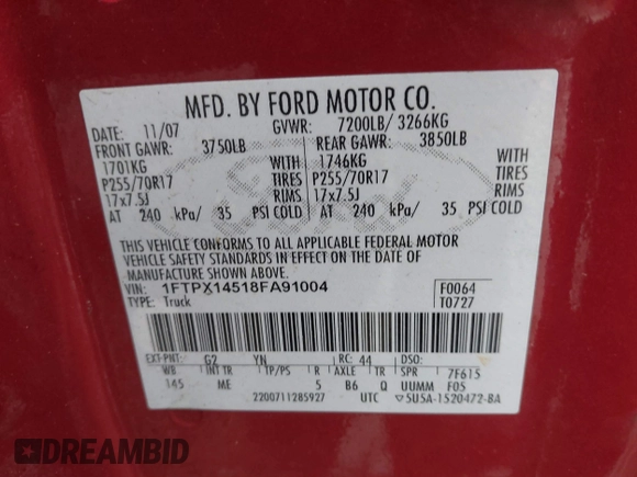 2008 Ford F-150 XLT z VIN 1FTPX14518FA91004, wystawiony jako IAAI lot #41664293 z przebiegiem 171 860 mil mil oraz . Historia ofert i sprzedaży dostępna na DreamBid. Obrazek 9.
