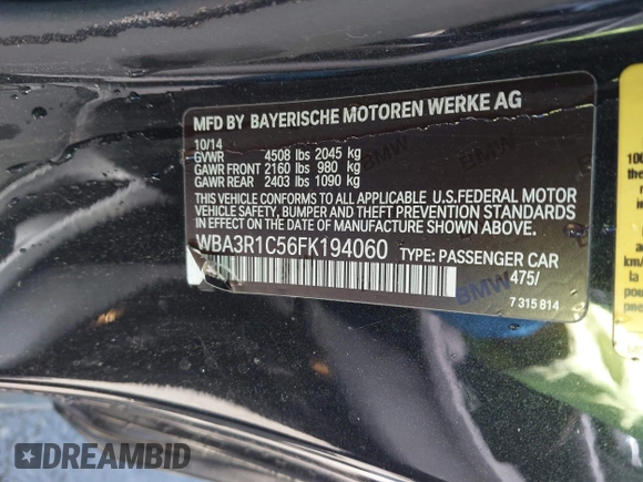 2015 BMW 4 Series 435i with VIN WBA3R1C56FK194060, listed as a IAAI auction lot 42061619 with 153,384 mi miles and . Bid and sale history available at DreamBid. Image 9.