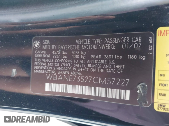 2007 BMW 5 Series 530i with VIN WBANE73527CM57227, listed as a IAAI auction lot 41724097 with 181,689 mi miles. Bid and sale history available at carsss.com. Image 9.