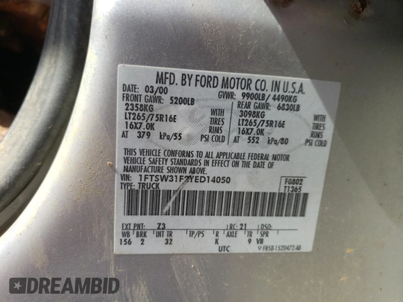 2000 Ford F-350 XL with VIN 1FTSW31F2YED14050, listed as a Copart auction lot 45839055 with 302,831 mi miles and Non Repairable. Bid and sale history available at DreamBid. Image 13.