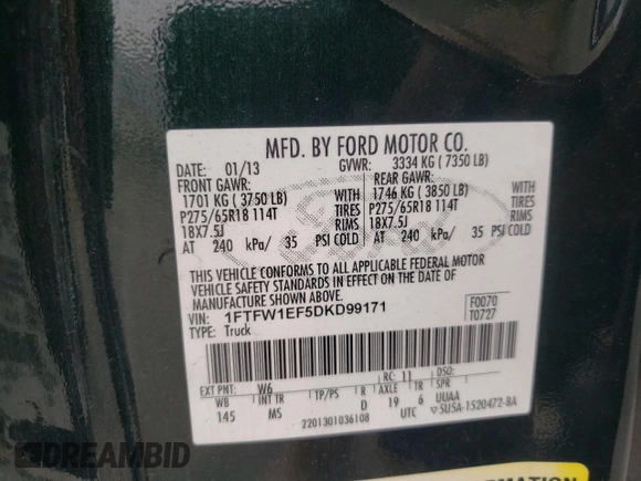 2013 Ford F-150 XL with VIN 1FTFW1EF5DKD99171, listed as a Copart auction lot 45166105 with 170,682 mi miles and Salvage Title. Bid and sale history available at carsss.com. Image 14.