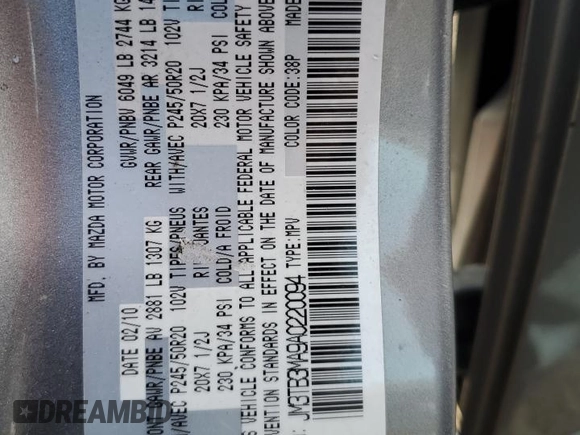 2010 Mazda CX-9 Grand Touring z VIN JM3TB3MA9A0220094, wystawiony jako Copart lot #53611025 z przebiegiem 163 870 mil mil oraz Szkoda całkowita • Salvage title. Historia ofert i sprzedaży dostępna na DreamBid. Obrazek 13.