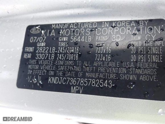 2008 Kia Sorento EX with VIN KNDJC736785782543, listed as a IAAI auction lot 41872596 with 116,815 mi miles. Bid and sale history available at carsss.com. Image 9.