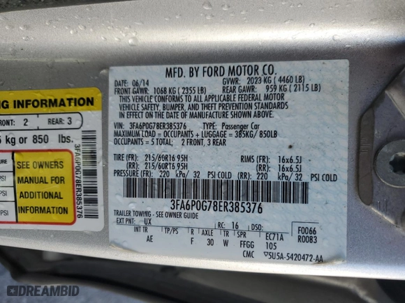 2014 Ford Fusion S with VIN 3FA6P0G78ER385376, listed as a Copart auction lot 84635934 with 0 mi miles and Clean Title. Bid and sale history available at carsss.com. Image 12.