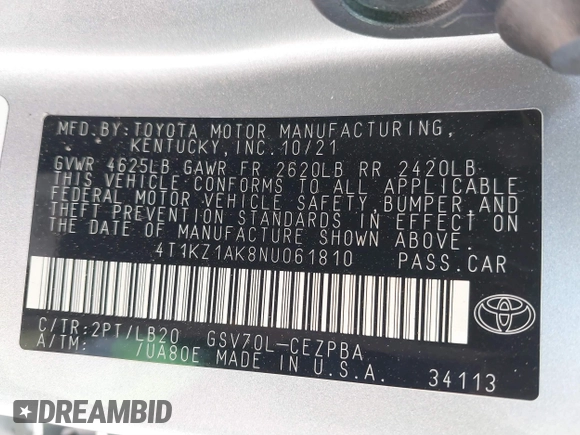 2022 Toyota Camry TRD with VIN 4T1KZ1AK8NU061810, listed as a IAAI auction lot 41769584 with 79,709 mi miles and . Bid and sale history available at DreamBid. Image 9.