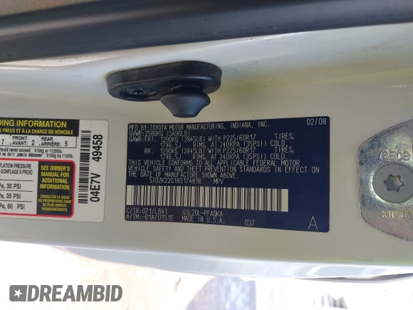2008 Toyota Sienna XLE with VIN 5TDZK22C18S174818, listed as a IAAI auction lot 41906039 with 249,182 mi miles. Bid and sale history available at carsss.com. Image 9.