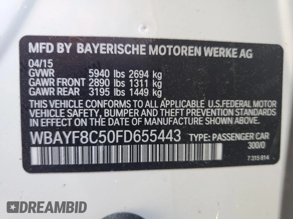 2015 BMW 7 Series 750Li xDrive with VIN WBAYF8C50FD655443, listed as a Copart auction lot 61092005 with Not provided miles and Salvage title. Bid and sale history available at DreamBid. Image 12.