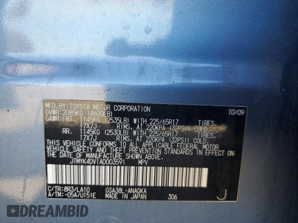 2010 Toyota RAV4 Limited with VIN JTMYK4DV1AD003591, listed as a Copart auction lot 61499555 with 100,940 mi miles and Salvage title. Bid and sale history available at DreamBid. Image 13.