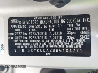 2011 Kia Sorento EX with VIN 5XYKUDA28BG104771, listed as a IAAI auction lot 41875456 with 137,340 mi miles. Bid and sale history available at carsss.com. Image 9.