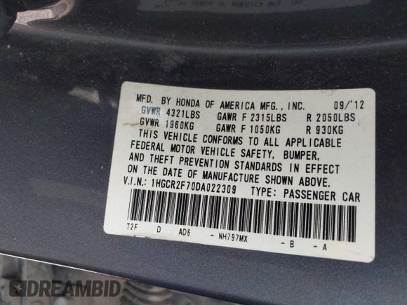 2013 Honda Accord EX с VIN 1HGCR2F70DA022309, выставлен на аукционе IAAI как лот 42310699 с пробегом 163 516 миль миль и . История ставок и продаж доступна на DreamBid. Изображение 9.