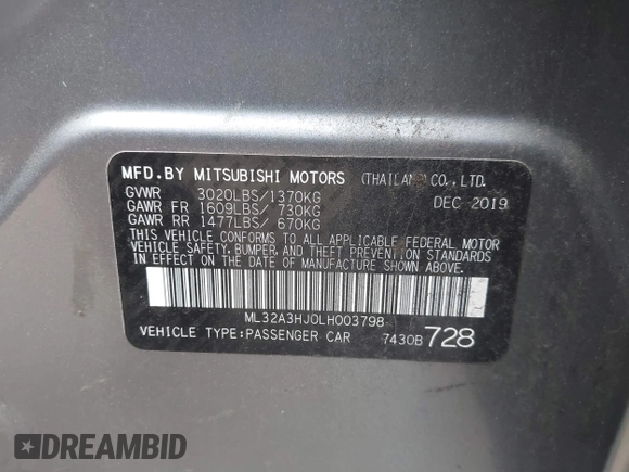 2020 Mitsubishi Mirage ES z VIN ML32A3HJ0LH003798, wystawiony jako IAAI lot #42182000 z przebiegiem 51 130 mil mil oraz . Historia ofert i sprzedaży dostępna na DreamBid. Obrazek 9.