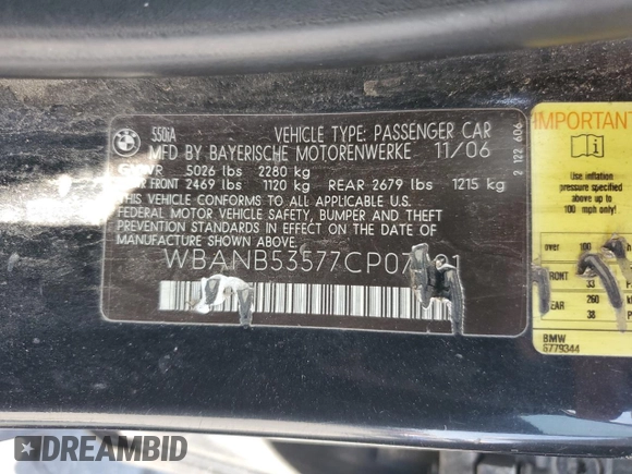 2007 BMW 5 Series 550i z VIN WBANB53577CP07901, wystawiony jako Copart lot #57624255 z przebiegiem 203 970 mil mil oraz Szkoda całkowita • Salvage title. Historia ofert i sprzedaży dostępna na DreamBid. Obrazek 12.