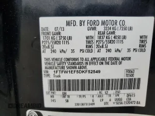 2013 Ford F-150 XL with VIN 1FTFW1EF5DKF52549, listed as a Copart auction lot 62791925 with Not provided miles and Salvage title. Bid and sale history available at DreamBid. Image 13.