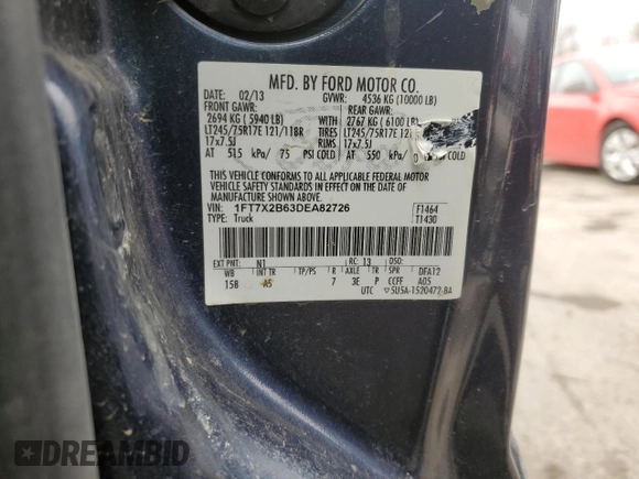 2013 Ford F-250 XL with VIN 1FT7X2B63DEA82726, listed as a Copart auction lot 43386635 with 150,119 mi miles and Salvage Title. Bid and sale history available at DreamBid. Image 12.