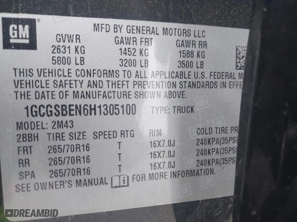 2017 Chevrolet Colorado 2WD WT with VIN 1GCGSBEN6H1305100, listed as a IAAI auction lot 41738071 with 83,280 mi miles. Bid and sale history available at carsss.com. Image 9.