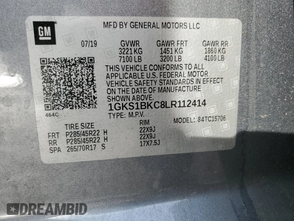 2020 GMC Yukon SLT with VIN 1GKS1BKC8LR112414, listed as a Copart auction lot 86564464 with 63,454 mi miles and Salvage Title. Bid and sale history available at DreamBid. Image 14.